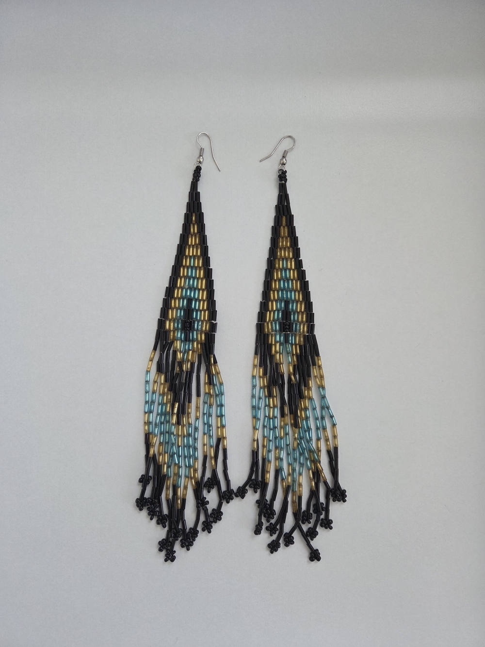 Handcrafted Black, Gold & Turquoise Seed Bead Fringe Earrings